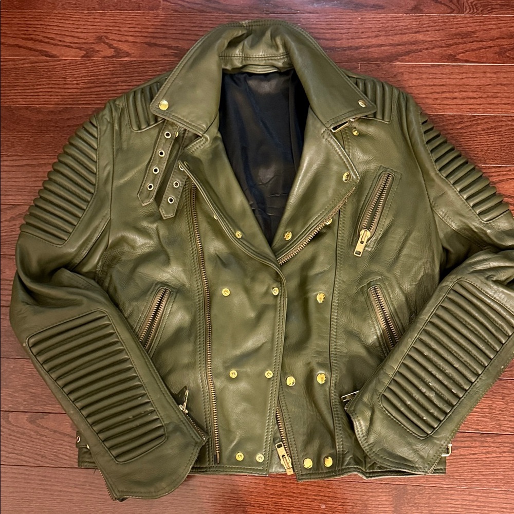 Olive Green Leather Biker Jacket